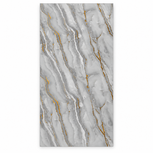 Grey + Gold UV marble-look wall sheet, 4 feet wide by 8 feet high, SKU UV-05-48, supplier design 24801