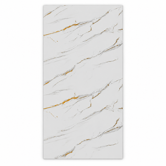 White + Gold UV marble-look wall sheet, 4 feet wide by 8 feet high, SKU UV-06-48, supplier design 8006