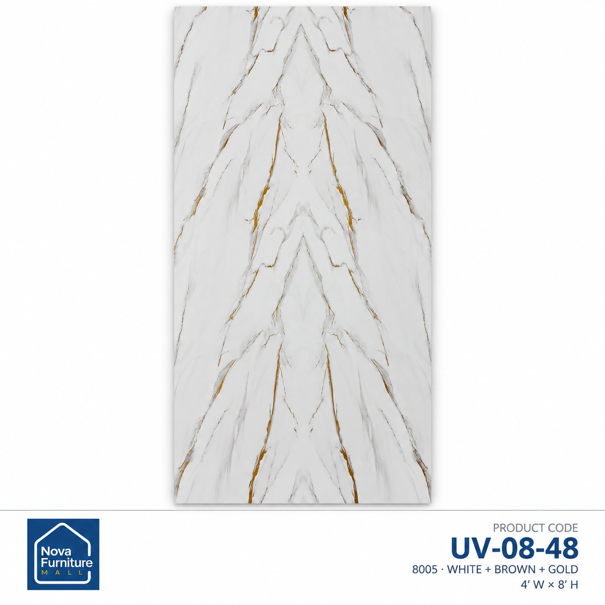 White + Brown + Gold UV marble-look wall sheet, 4 feet wide by 8 feet high, SKU UV-08-48, supplier design 8005 — Nova Furniture product card